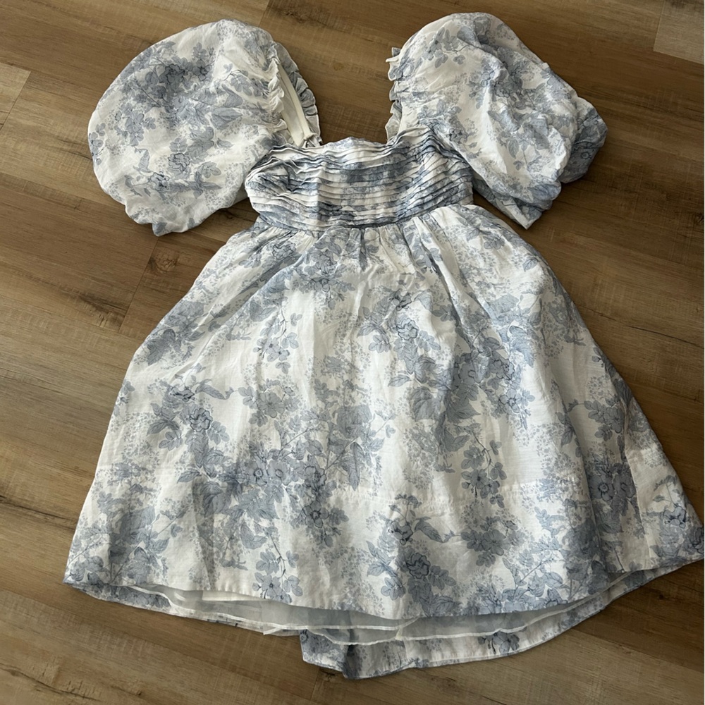 Blue and White Ruffled Puff Sleeve Mini Sundress